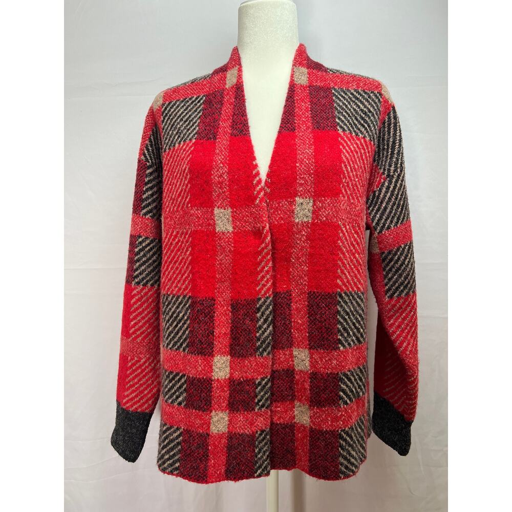 CabinCore Cyrus Red Plaid Wool Blend Cozy Cottage Cardigan Sweater Medium